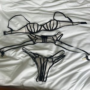 Small black and mesh see through lingerie 3 piece set